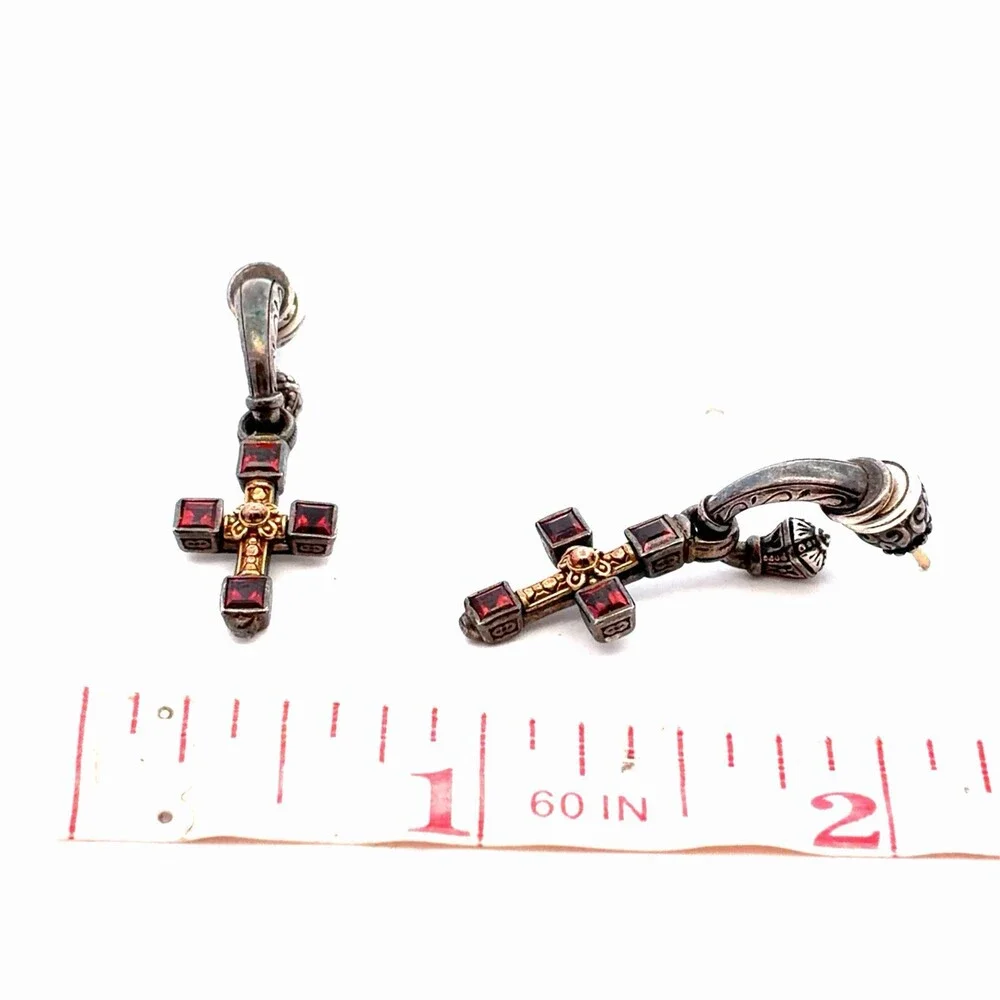 Retired Konstantino 925 Sterling Silver Two Tone Garnet Cross Dangle Earrings